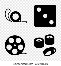 Roll icons set. set of 4 roll filled icons such as Dice, tape, sushi