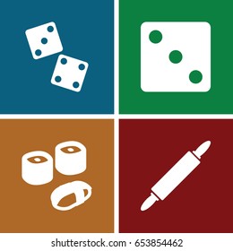 Roll icons set. set of 4 roll filled icons such as dice, dough pin, sushi