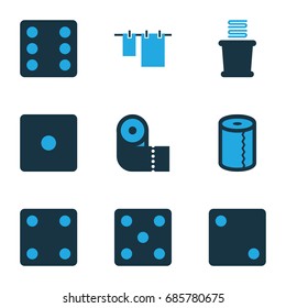Roll icons set. set of 9 roll bi-color icons such as dice, cloth hanging, paper towel