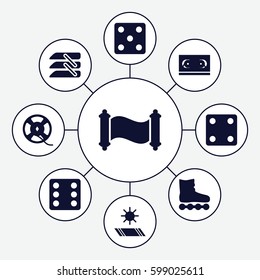 roll icons set. Set of 9 roll filled icons such as Dice, film tape, blinds, carpet in the sun, manuscript