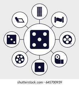 Roll icons set. set of 9 roll filled icons such as dice, paper towel, movie tape, jalousie, manuscript