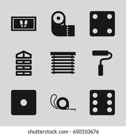 Roll icons set. set of 9 roll filled icons such as shutter blinds, dice, foot carpet, paper towel, tape, paint roller