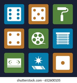 Roll icons set. set of 9 roll filled icons such as dice, paint roller, window shutter, carpet in the sun, camera tape