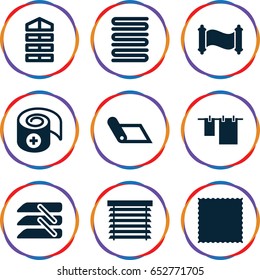 Roll icons set. set of 9 roll filled icons such as shutter blinds, carpet, towels, cloth hanging, bandage, blinds, window shutter