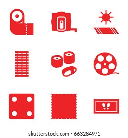Roll icons set. set of 9 roll filled icons such as measure tape, dice, carpet, foot carpet, paper towel, sushi, jalousie, carpet in the sun