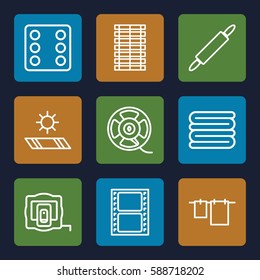 roll icons set. Set of 9 roll outline icons such as measure tape, Dice, towels, cloth hanging, movie tape, film tape, dough pin