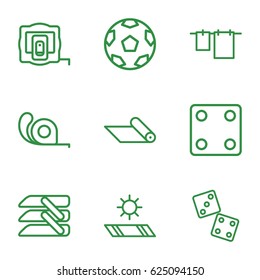 Roll icons set. set of 9 roll outline icons such as measure tape, Dice, cloth hanging, tape, blinds, carpet, carpet in the sun, movie tape