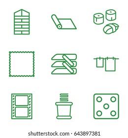 Roll icons set. set of 9 roll outline icons such as shutter blinds, dice, carpet, cloth hanging, towels, movie tape, blinds