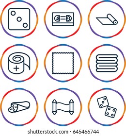 Roll icons set. set of 9 roll outline icons such as dice, carpet, towels, wrap sandwich, bandage, manuscript, film tape