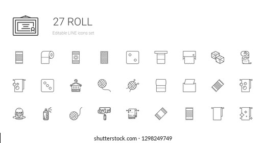 roll icons set. Collection of roll with beach towel, towel, roller, wool ball, paint, burger, napkin, toilet paper, dice, towels, dices, diploma. Editable and scalable roll icons.