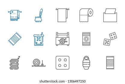 roll icons set. Collection of roll with beach towel, sleeping bag, dice, straw bale, towel, sewing box, carpet, napkin, toilet paper, towels. Editable and scalable roll icons.