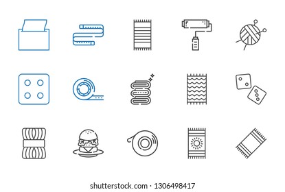roll icons set. Collection of roll with beach towel, scotch, burger, wool, dice, towel, tape, wool ball, paint roller, measuring tape, napkin. Editable and scalable roll icons.