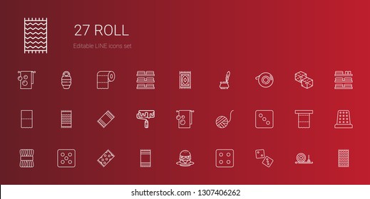 Roll Icons Set. Collection Of Roll With Dice, Burger, Beach Towel, Wool, Wool Ball, Towel, Roller, Toilet Paper, Scotch, Ink, Carpet, Straw Bale. Editable And Scalable Roll Icons.