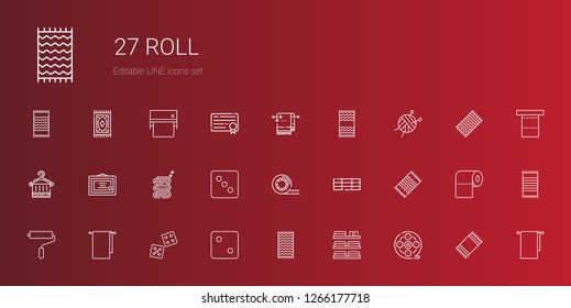 Roll Icons Set. Collection Of Roll With Film Reel, Towels, Towel, Dice, Paint Roller, Beach Towel, Hay Bale, Tape, Diploma, Wool Ball, Toilet Paper. Editable And Scalable Roll Icons.