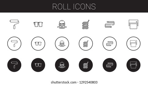 roll icons set. Collection of roll with paint roller, towel, burger, measuring tape. Editable and scalable roll icons.