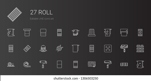 Roll Icons Set. Collection Of Roll With Paint Roller, Diploma, Beach Towel, Toilet Paper, Tape, Straw Bale, Dice, Towel, Wool Ball, Burger, Thimble. Editable And Scalable Roll Icons.