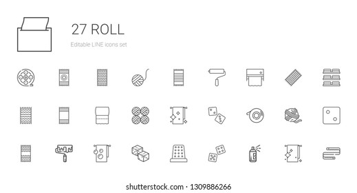 roll icons set. Collection of roll with paint, dice, thimble, dices, towel, roller, beach towel, scotch, towels, wool balls, toilet paper, paint roller. Editable and scalable roll icons.