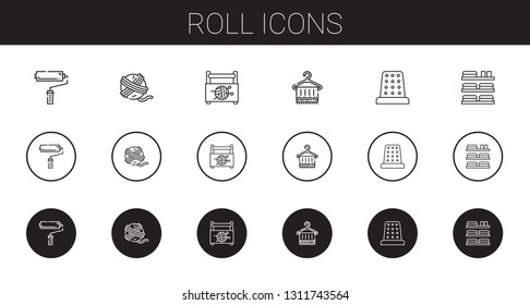 roll icons set. Collection of roll with paint roller, yarn ball, sewing box, towel, thimble, towels. Editable and scalable roll icons.
