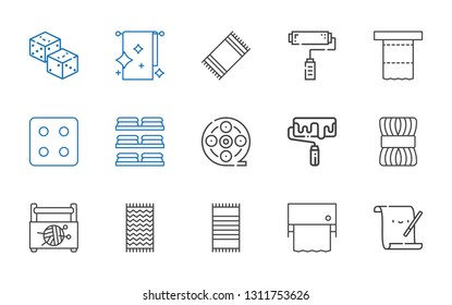 roll icons set. Collection of roll with parchment, toilet paper, beach towel, towel, sewing box, wool, roller, film reel, towels, dice, paint roller. Editable and scalable roll icons.