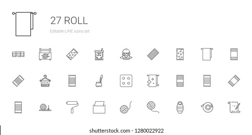 Roll Icons Set. Collection Of Roll With Sleeping Bag, Wool Ball, Napkin, Paint Roller, Straw Bale, Beach Towel, Towels, Dice, Ink, Towel, Burger. Editable And Scalable Roll Icons.