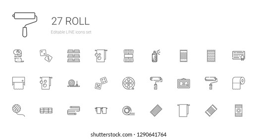 Roll Icons Set. Collection Of Roll With Towel, Beach Towel, Tape, Measuring Tape, Hay Bale, Wool Ball, Diploma, Paint Roller, Film Reel, Dice. Editable And Scalable Roll Icons.