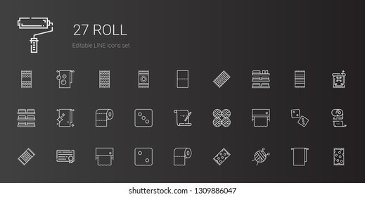 roll icons set. Collection of roll with wool ball, beach towel, toilet paper, dice, diploma, towel, wool balls, parchment, towels, carpet, paint roller. Editable and scalable roll icons.