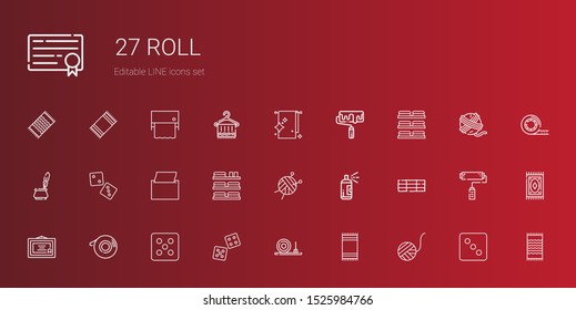 Roll Icons Set. Collection Of Roll With Wool Ball, Beach Towel, Straw Bale, Dice, Scotch, Diploma, Hay Bale, Paint, Towels, Napkin, Ink, Roller. Editable And Scalable Roll Icons.