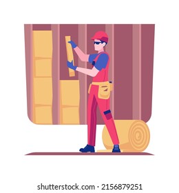 Roll insulation isolated concept vector illustration. Contractor installs glass wool insulation, cellulose fiber, polyester roll for house protection, construction process vector concept.