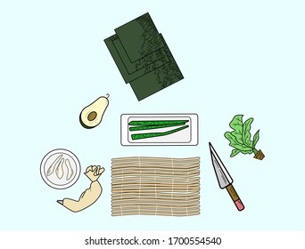 roll kit bamboo mat avocado knife salad nori cucumber hen cream blue background cooking