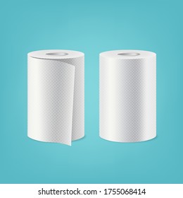 Roll of kitchen paper hand towels, on blue background, empty template.