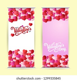 Roll up with lettering Happy Valentine's Day. Bright background with small balloon hearts. Vector illustration.