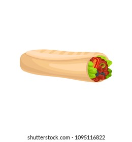 Roll with meat and fresh vegetables. Fast food theme. Flat vector design for menu, cafe branding or promo poster