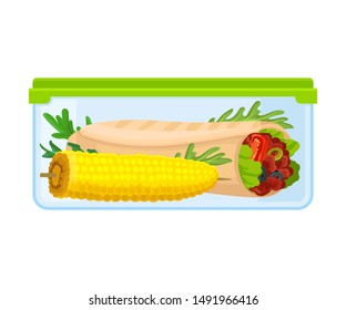 Roll with meat and vegetables in a container. Vector illustration on a white background.