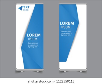 Roll Up Mockup Banner Blue Standee Business Brochure Template Design. Vertical Abstract Blue Geometric Texture Background Can Be Adapt To Brochure, Report, Magazine, Poster, Corporate Presentation.