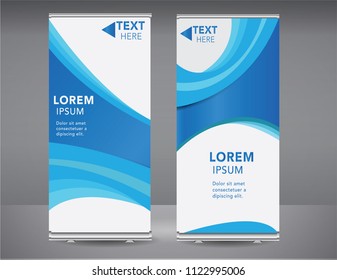 Roll up mockup banner blue standee business brochure template design. Vertical Abstract blue geometric texture background Can be adapt to Brochure, Report, Magazine, Poster, Corporate Presentation.