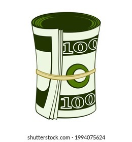 Roll of money or cash in hundred dollar bills as vector icon