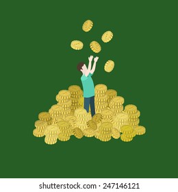 Roll in money flat 3d web isometric infographic concept vector. Man heap of coins toss up. Richness, prosperity, success, financial well-being, spending savings lifestyle. Creative people collection.