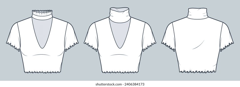 Roll Neck Crop Top technical fashion illustration. Lettuce Hem Tee Shirt fashion flat technical drawing template, cutout, slim fit, front and back view, white color, women CAD mockup set.