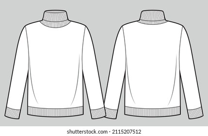 Roll Neck Long Sleeve Sweater, Technical Drawing Vector Template