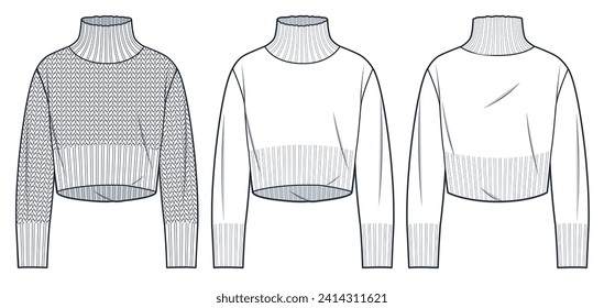 Roll Neck Sweater technical fashion illustration. Cropped Sweater fashion flat technical drawing template, roll neck, relaxed fit, front and back view, white, women, men, unisex Top CAD mockup set.