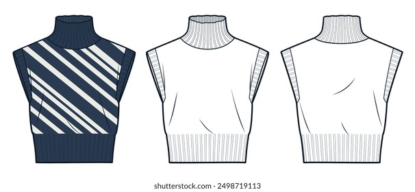 Roll Neck Sweater technische Mode Illustration, gestreifte Muster. Sweater Vest Mode flache technische Zeichnung Vorlage, zugeschnitten, Vorder-und Rückansicht, weiß, blau, Frauen, Männer, Unisex CAD Mockup Set.