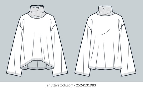 Roll Neck Sweater technische Mode Illustration. Sweatshirt Fashion Flat technische Zeichnung Vorlage, Übergröße, Vorder-und Rückansicht, weiß, Frauen, Männer, Unisex CAD mockup.