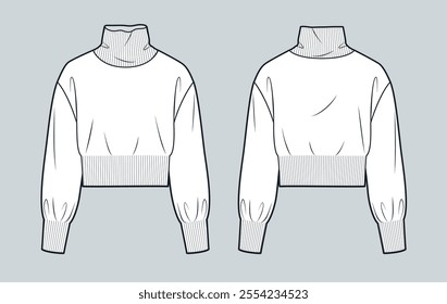 Roll Neck Sweater technical fashion illustration. Crop Sweater fashion flat technical drawing template, long sleeve, oversize, front and back view, white, women, men, unisex Top CAD mockup.