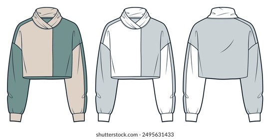Roll Neck Sweatshirt technical fashion illustration. Crop Sweatshirt fashion technical drawing template, raw hem, oversize, front and back view, white, green, beige, women, men, unisex CAD mockup set.