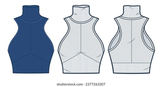 Roll Neck Top technical fashion illustration. Knitted Crop Top fashion flat technical drawing template, ribbed, slim fit, front and back view, white, blue, women, men, unisex CAD mockup set.