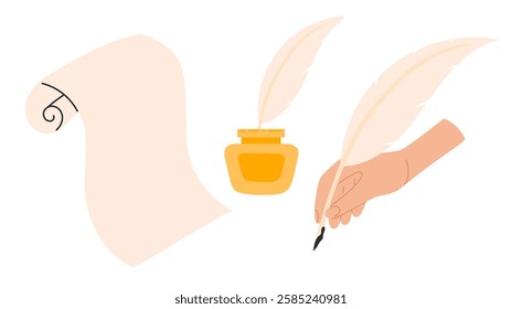 Roll of old paper and feather, ink bottle and inkwell. World Poetry Day or Theatre Day stickers. Flat Vector illustration isolated on white background