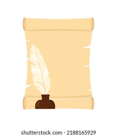 Roll of old paper and feather in the inkwell. Vector illustration, isolated on white background. eps 10