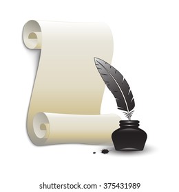 Roll of old paper and feather in the inkwell. Elements for your design. Vector illustration.