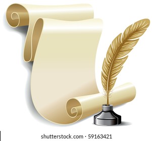 Roll of old paper and feather in the inkwell. Vector illustration, isolated on white background.