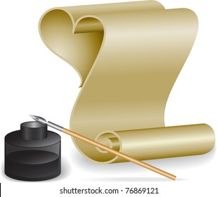 Roll of old paper and feather in the inkwell